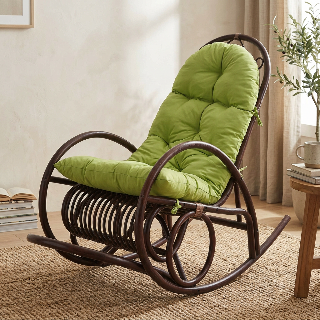 Sedia a dondolo in legno con cuscino verde