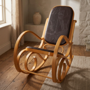 Sedia a dondolo Mendler M41: legno chiaro e pelle marrone