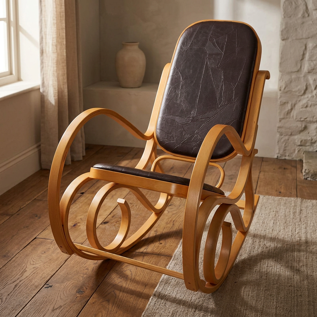Sedia a dondolo Mendler M41: legno chiaro e pelle marrone